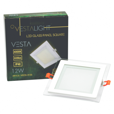 Sisseehitatud neljakandiline LED-paneel klaasiga "VESTA" 12W 6