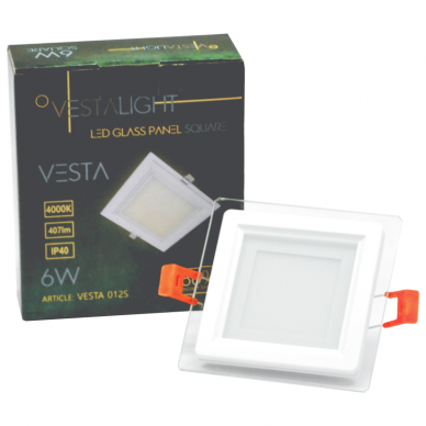 Sisseehitatud neljakandiline LED-paneel klaasiga "VESTA" 6W 6