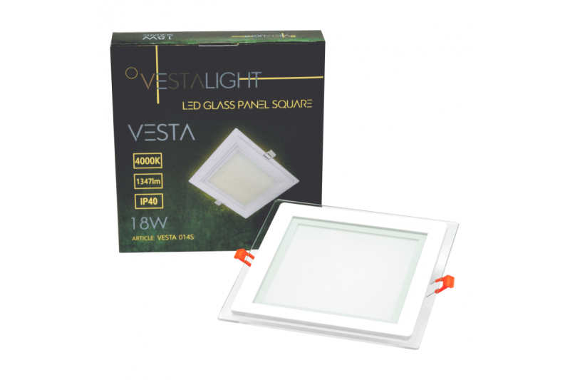 Kwadratowy wpuszczany panel LED z szybą „VESTA” 18W 6