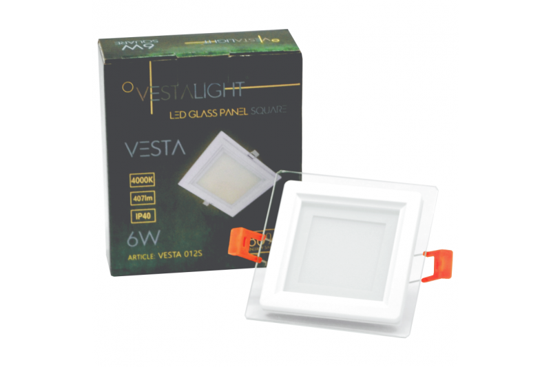 Kwadratowy wpuszczany panel LED z szybą „VESTA” 6W 6